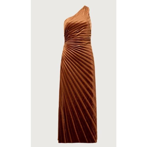 Delfi One Shoulder Velvet Pleated Brown A-Line Lea Dress - Picture 9 of 9